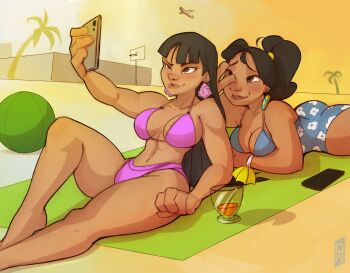 2girls alternate_costume bikini black_hair blue_one-piece_swimsuit breasts brown_eyes cellphone chel_(el_dorado) crossover dark-skinned_female dark_skin earrings floral_print floral_print_one-piece_swimsuit holding holding_phone jewelry lilo_&amp;_stitch medium_breasts multiple_girls nani_pelekai one-piece_swimsuit phelippetom phone pink_bikini print_one-piece_swimsuit selfie smartphone swimsuit the_road_to_el_dorado v