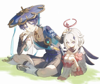 1boy 1girl absurdres black_cape black_hair boots cape closed_mouth commentary_request crystal_hair_ornament elbow_rest frown fuli_(narumiyafuri) full_body genshin_impact hair_between_eyes hakama hakama_shorts halo hand_on_another's_head hands_on_own_knees hat headpat highres indian_style japanese_clothes jingasa knees_up long_hair looking_at_another looking_down on_ground paimon_(genshin_impact) purple_eyes romper sandals scaramouche_(genshin_impact) short_hair shorts side-by-side simple_background sitting smile wanderer_(genshin_impact) white_background white_boots white_hair white_romper