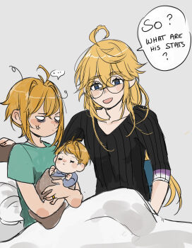 ... 1girl 2boys absurdres aged_down anger_vein annoyed baby bags_under_eyes bed black_sweater blank_eyes carrying_baby carrying_person commentary dadeltan disheveled english_commentary english_text exhausted family father_and_son fiora_(xenoblade) glasses hair_between_eyes highres hospital_bed messy_hair mother_and_son multiple_boys nikol_(xenoblade) shulk_(xenoblade) speech_bubble spoken_ellipsis sweater under_covers xenoblade_chronicles_(series) xenoblade_chronicles_3 xenoblade_chronicles_3:_future_redeemed