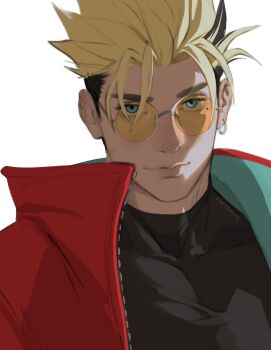 Rule 34 | 1boy, aqua eyes, aqua jacket, black hair, black shirt, blonde hair, closed mouth, coat, commentary, covered collarbone, covered pectorals, earrings, english commentary, highres, jacket, jewelry, lips, male focus, multicolored hair, open clothes, open coat, orange-tinted eyewear, pectorals, piercing, red coat, rimless eyewear, round eyewear, shesdeny, shirt, short hair, simple background, single earring, smile, solo, spiked hair, tight clothes, tight shirt, tinted eyewear, trigun, trigun stampede, two-sided coat, two-sided fabric, two-tone hair, unzipped, vash the stampede, white background, zipper