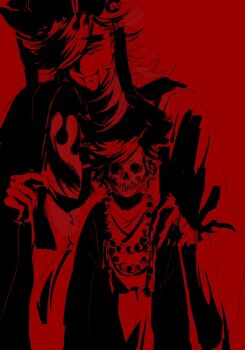 Rule 34 | 1boy, beads, cowboy shot, douma (kimetsu no yaiba), facing viewer, flipped hair, gggggbyjokie, hand on another's shoulder, hat, height difference, highres, kimetsu no yaiba, long hair, long sleeves, looking at viewer, male focus, monochrome, prayer beads, red theme, short hair, sketch, skull, thick eyebrows, time paradox