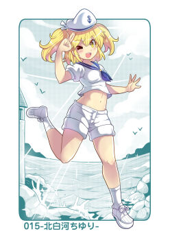 1girl bird blonde_hair cloud colonel_aki commentary_request crop_top hat kitashirakawa_chiyuri lighthouse looking_at_viewer midriff navel neckerchief one_eye_closed open_mouth sailor_collar sailor_hat sailor_shirt saluting shirt shoes short_sleeves shorts smile sneakers socks solo standing standing_on_liquid touhou translation_request twintails white_hat white_shirt white_shoes white_shorts yellow_eyes