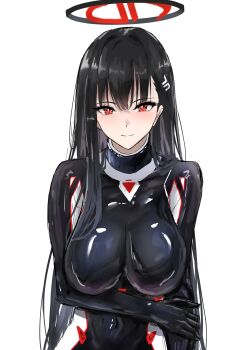 1girl absurdres asao_(asaomm12345) black_bodysuit black_hair blue_archive bodysuit breasts closed_mouth commentary_request covered_navel hair_ornament hairclip halo highres impossible_bodysuit impossible_clothes large_breasts long_hair long_sleeves looking_at_viewer millennium_science_school_logo official_alternate_costume red_eyes rio_(blue_archive) rio_(bodysuit)_(blue_archive) simple_background skin_tight smile solo white_background