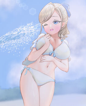 1girl ;d bikini blue_eyes blue_ribbon blue_sky breasts ceras_yanagida_lilienfeld ceras_yanagida_lilienfeld_(swimsuit) cleavage cloud commentary_request cowboy_shot day front-tie_bikini_top front-tie_top grey_hair hair_ribbon highres himizusan jacket large_breasts link!_like!_love_live! love_live! navel non-circular_lens_flare official_alternate_costume one_eye_closed open_clothes open_jacket open_mouth outdoors ponytail ribbon short-sleeved_jacket short_sleeves side-tie_bikini_bottom sidelocks sky smile solo standing stomach swimsuit virtual_youtuber water water_fight white_bikini white_jacket