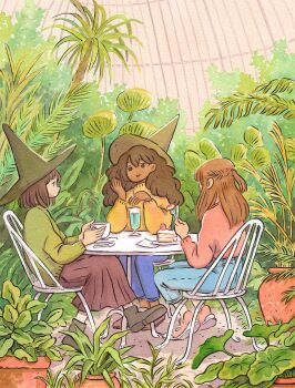 3girls blue_pants boots botanical_garden braid brown_boots brown_eyes brown_hair brown_skirt cake cake_slice chair commentary cup curly_hair drinking_glass drinking_straw english_commentary foliage food fork garden green_hat green_sweater hair_between_eyes half_up_half_down_braid hat heikala highres holding holding_cup holding_drinking_straw holding_fork indoors long_hair looking_at_another medium_hair multiple_girls no_socks on_chair original palm_tree pants pink_shirt pink_shoes plant potted_plant shirt shoes skirt sneakers sweater table talking tree witch_hat yellow_sweater