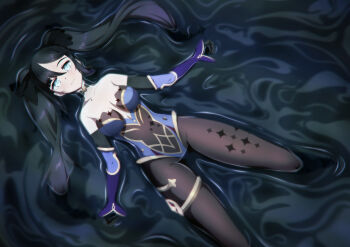 1girl absurdres aqua_eyes black_gloves black_hair black_pantyhose breasts choker cleavage collarbone commentary detached_sleeves english_commentary floating from_above genshin_impact gloves hair_between_eyes highres jewelry leotard long_hair looking_at_viewer lying mona_(genshin_impact) on_back pantyhose partially_submerged print_pantyhose purple_leotard rinine solo star_(symbol) star_choker strapless strapless_leotard thighlet twintails water