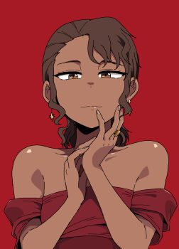 1girl asymmetrical_hair bare_shoulders breasts brown_eyes brown_hair commentary_request dark-skinned_female dark_skin dress earrings galois highres jewelry korean_commentary light_smile odyssey_(galois) off-shoulder_dress off_shoulder rachel_bowman red_background red_dress ring small_breasts solo upper_body