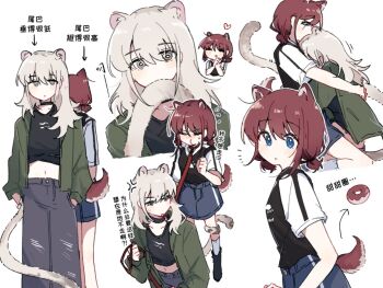 2girls achadtea animal_ears biting_own_tail black_choker black_shirt blue_eyes blue_skirt brown_hair chinese_text choker collar commentary dog_ears dog_girl dog_tail flying_sweatdrops girls_band_cry green_jacket grey_eyes grey_hair grey_pants holding holding_leash iseri_nina jacket kawaragi_momoka kemonomimi_mode leash leopard_ears leopard_girl leopard_tail long_hair looking_at_viewer multiple_girls pants parted_lips shirt short_twintails simple_background skirt tail translation_request twintails untranslatable_commentary white_background yuri