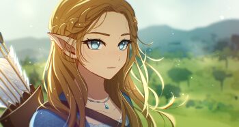 1girl arrow_(symbol) backlighting blonde_hair blue_eyes blurry blurry_background braid clip_studio_paint_(medium) commentary english_commentary enni freckles highres jewelry light_particles long_hair long_pointy_ears looking_at_viewer making-of_available mountainous_horizon necklace outdoors photo-referenced pointy_ears princess_zelda quiver smile solo the_legend_of_zelda_(live_action) tree upper_body