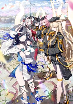 5girls armor armored_dress bare_shoulders belt beret black_gloves black_hair black_hat black_jacket black_one-piece_swimsuit blonde_hair blue_eyes blue_ribbon breasts choker cleavage cleavage_cutout clothing_cutout collarbone detached_leggings dress fate/grand_order fate_(series) feathers fundoshi gloves grin hat head_wings highleg highleg_one-piece_swimsuit hildr_(fate) hildr_(swimsuit_assassin)_(fate) holster hood hooded_jacket horns jacket japanese_clothes jewelry kiichi_hogen_(fate) kurogiri large_breasts leggings long_hair long_sleeves looking_at_viewer magatama magatama_necklace medium_hair multicolored_hair multiple_girls necklace official_art one-piece_swimsuit open_clothes open_jacket orange_eyes ortlinde_(fate) ortlinde_(swimsuit_assassin)_(fate) pelvic_curtain pink_hair pointy_ears puffy_long_sleeves puffy_sleeves red_armor red_eyes ribbon seigaiha short_dress short_hair sideboob sideless_outfit sidelocks smile streaked_hair swimsuit tassel thrud_(fate) thrud_(swimsuit_assassin)_(fate) utsumi_erice utsumi_erice_(lancer) valkyrie_(fate) white_dress white_hair white_leggings wings