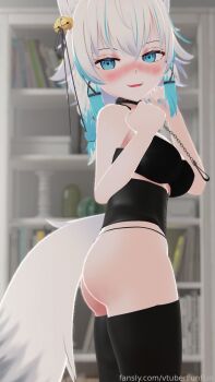 1girl 3d animal_ears ass bell black_bra black_leggings black_panties black_thighhighs blue_eyes blue_hair blush book bookshelf bra braid chain chain_leash collar corset fangs fox_ears fox_girl fox_tail hair_bell hair_ornament indie_virtual_youtuber jingle_bell leash leggings looking_at_viewer open_mouth panties short_hair side_braid smile standing tail thighhighs underwear virtual_youtuber vtuberfunfun white_hair x_hair_ornament