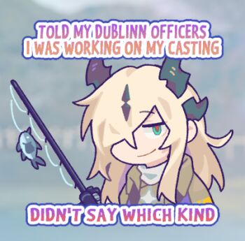 1girl arknights blonde_hair brown_shirt caption chibi commentary dragon_girl dragon_horns dublinn_flamechaser english_commentary english_text fish fishing_rod green_eyes hair_over_one_eye holding holding_fishing_rod horns long_hair lowres meme necrass_(arknights) one_eye_covered pun red_pupils shirt sidelocks smile solo upper_body