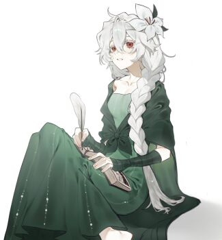 1girl bandaged_arm bandages barefoot book braid breasts collarbone colored_eyelashes cookie_run cookie_run:_kingdom crossed_legs dress fingernails flower green_dress hair_flower hair_ornament highres holding holding_book holding_quill lily_(flower) long_hair nova_1810 parted_lips quill red_eyes shawl single_braid sitting small_breasts solo white_background white_hair white_lily_cookie