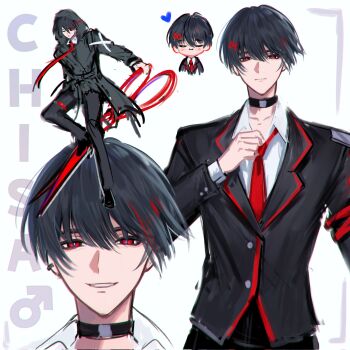 1boy black_choker black_hair black_jacket black_pants black_shoes blazer character_name chisa_(wuthering_waves) choker chromatic_aberration closed_eyes closed_mouth collarbone commentary_request corrupted_twitter_file ear_piercing genderswap genderswap_(ftm) hair_ornament heart highres holding holding_scissors holding_sword holding_weapon hood hooded_jacket jacket jhenny345 looking_at_viewer male_focus multiple_views necktie pants parted_lips piercing red_eyes red_necktie scissors shirt shoes short_hair smile spanish_commentary sword thigh_strap weapon white_shirt wuthering_waves