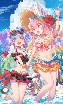 Rule 34 | 2girls, :d, absurdres, bikini, blue hair, blue sky, breasts, character request, cloud, cotton (p&amp;d), day, drill hair, eyewear on head, hat, highres, kuuron (moesann17), layered bikini, long hair, looking at viewer, multiple girls, navel, ocean, open mouth, outdoors, pink hair, puzzle &amp; dragons, sky, smile, stomach, straw hat, sun hat, sunglasses, swimsuit, twintails, water, yellow eyes