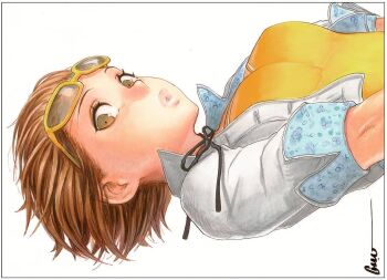 1girl artist_name black_ribbon breasts brown_eyes brown_hair cropped_jacket dress eyewear_on_head glasses lips medium_breasts official_alternate_costume omar_dogan persona persona_4 ribbon satonaka_chie short_hair short_sleeves signature simple_background smile solo sunglasses traditional_media upper_body white_background yellow-framed_eyewear yellow_dress