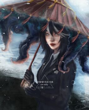 1girl artskiddy69 black_coat black_gloves black_hair black_necktie blue_eyes coat collared_shirt commission gloves highres holding holding_umbrella long_hair looking_at_viewer necktie original shadow_slave shirt smile solo tassel tentacles umbrella white_shirt white_streaks