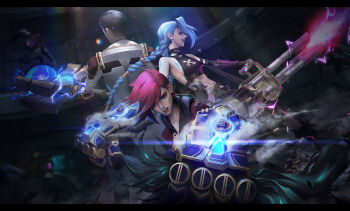 1boy 2girls absurdres arcane:_league_of_legends arcane_jayce arcane_jinx arcane_vi bare_shoulders black_choker black_hair black_shirt blue_hair blue_nails blurry blurry_background braid breasts brown_pants bullet character_name chemtank_guard_(arcane) choker cloud_tattoo collarbone crop_top energy face_piercing firing gatling_gun gauntlets grey_jacket hair_ornament hammer highres holding holding_hammer holding_weapon indoors jacket jayce_(league_of_legends) jinx_(league_of_legends) league_of_legends long_sleeves mago_(m4gololx) medium_breasts minigun multiple_girls nail_polish nose_piercing pants parted_lips piercing pink_hair red_jacket red_nails shirt short_hair siblings sisters stomach_tattoo striped_clothes striped_pants tattoo twin_braids twintails vi_(league_of_legends) weapon