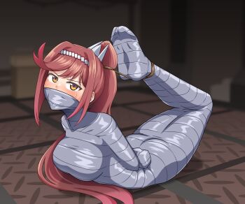 1girl arms_behind_back ass bdsm bondage bound bound_arms box_tie breasts female_focus full_body gag glimmer_(xenoblade) headband high_ponytail highres hogtie improvised_gag large_breasts long_hair ponytail red_hair solo tape tape_bondage tape_gag thalter39o xenoblade_chronicles_(series) xenoblade_chronicles_3 yellow_eyes