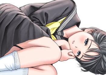 Rule 34 | 1girl, akebi-chan no serafuku, akebi komichi, black hair, black sailor collar, black serafuku, black shirt, black skirt, blue eyes, blush, commentary request, feet out of frame, fetal position, highres, lying, neckerchief, on side, own hands together, parted lips, pleated skirt, roubai academy school uniform (old), sailor collar, school uniform, serafuku, shirt, short hair, simple background, skirt, socks, solo, white background, white socks, yellow neckerchief, yug (ekaki)