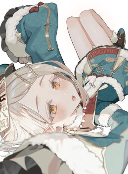 1girl absurdres arm_up artist_name blonde_hair blush boots bow chinese_clothes colored_eyelashes dress full_body fur-trimmed_boots fur-trimmed_collar fur-trimmed_dress fur-trimmed_sleeves fur_trim gakuen_idolmaster green_dress green_hat hair_ornament hairclip hat hat_ornament highres idolmaster jewelry jiangshi_costume long_sleeves looking_at_viewer looking_back necklace noko_(nowako33) ofuda open_mouth orange_eyes parallel_hairclips parted_bangs pearl_necklace qingdai_guanmao red_bow shinosawa_hiro sideways sleeves_past_fingers sleeves_past_wrists solo wide_sleeves