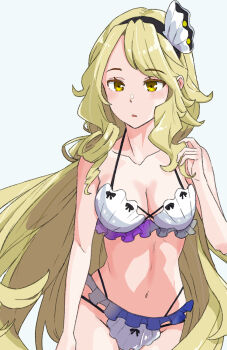 1girl bikini blonde_hair blush breasts clam_shell_ornament collarbone commentary_request expressionless frilled_bikini frills hand_in_own_hair highres jack_(wkm74959) long_hair medium_breasts midriff navel one-hour_drawing_challenge parted_lips solo swimsuit touhou very_long_hair watari_nina white_bikini yellow_eyes