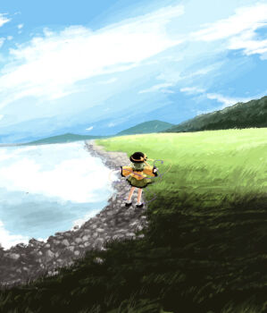 1girl black_hat black_shoes blue_sky commentary_request contrast_collar from_behind full_body grass green_hair green_skirt hat hat_ribbon heripantomorrow komeiji_koishi long_sleeves ribbon scenery shirt shoes skirt sky socks solo standing third_eye touhou white_socks wide_sleeves yellow_ribbon yellow_shirt