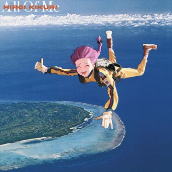 1girl album_cover black_bow blush bocchi_the_rock! bow braid brown_shoes closed_eyes cloud cloudy_sky commentary cover english_commentary full_body gloves hair_bow highres hiroi_kikuri horizon island japanese_flag jumpsuit kingu_(whalekingu) ocean open_mouth parody photo_background pink_hair sharp_teeth shoes single_braid sky skydive smile solo striped_clothes teeth thumbs_up white_gloves yellow_jumpsuit