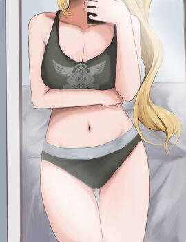 1girl alternate_breast_size_(larger) arm_under_breasts black_panties black_tank_top breasts cleavage commentary english_commentary head_out_of_frame highres holding holding_phone large_breasts long_hair luciana_de_montefio midriff mirror_selfie navel niwasa_izuna panties phone reflection selfie solo tank_top thighs underwear very_long_hair zenless_zone_zero