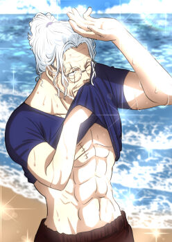Rule 34 | 1boy, abs, beach, commentary request, day, facial hair, glasses, highres, male focus, musasabiop, mustache stubble, ocean, old, old man, one piece, ponytail, round eyewear, scar, scar across eye, scar on chest, scar on face, shading eyes, short hair, silvers rayleigh, solo, sparkle, stubble, upper body, water, wet, white hair