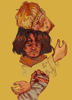 Rule 34 | 2boys, arm around shoulder, bags under eyes, bandaged arm, bandages, beard stubble, blending, blonde hair, blood, bloody bandages, blush, brown hair, chin rest, crossover, exhausted, facial hair, flustered, hand on another's arm, head on head, head rest, highres, iron lung (movie), kilovanity, male focus, multiple boys, project hail mary, ryland grace, short hair, simon (iron lung), smile, stubble, trait connection, upper body, wavy hair, yaoi