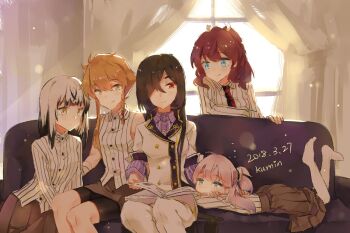 Rule 34 | 5girls, artist name, black hair, black shorts, blue eyes, blunt bangs, book, braid, braided sidelock, breasts, brown eyes, brown hair, brown skirt, closed mouth, collared shirt, commentary request, couch, curtains, dated, green eyes, grey hair, hair between eyes, hair over one eye, indoors, jacket, konohana suzuka, kumin (6939359), large breasts, long hair, long sleeves, lying, medium hair, multiple girls, necktie, on couch, on stomach, one eye covered, open book, origami yukari, pants, pantyhose, pink hair, pleated skirt, ponytail, purple shirt, red eyes, red hair, red necktie, satsuki yomi, shidou maki (toji no miko), shirt, short hair, shorts, sidelocks, sitting, skirt, sleeveless, sleeveless shirt, smile, striped clothes, striped shirt, toji no miko, tsubakuro yume, very long hair, white jacket, white pants, white pantyhose, white shirt, window, yellow eyes