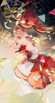 1girl :d absurdres apron arms_up black_gloves bow brown_hair commentary_request fre_(haochilanzuo) genshin_impact gloves hands_on_headwear hat highres klee_(blossoming_starlight)_(genshin_impact) klee_(genshin_impact) long_hair looking_at_viewer open_mouth pantyhose pennant puffy_short_sleeves puffy_sleeves red_bow red_eyes red_hat red_skirt shirt short_sleeves skirt smile solo string_of_flags striped_bow waist_apron white_apron white_pantyhose white_shirt witch_hat