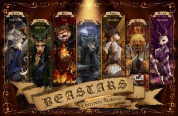 2girls 5boys animal_ears antlers bear_boy bear_ears beastars bill_(beastars) character_name commentary copyright_name deer_antlers deer_boy deer_ears english_commentary eriochromatic furry furry_female furry_male goat_boy goat_ears goat_horns haru_(beastars) horns juno_(beastars) legoshi looking_at_viewer louis_(beastars) multiple_boys multiple_girls pina_(beastars) rabbit_ears rabbit_girl riz_(beastars) seven_deadly_sins tiger_boy tiger_ears tiger_stripes twitter_username wolf_boy wolf_ears