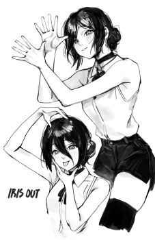 1girl :p absurdres chainsaw_man choker dancing hair_between_eyes hair_bun hanakonenne hashtag-only_commentary highres looking_at_viewer monochrome reze_(chainsaw_man) shirt short_hair shorts sleeveless sleeveless_shirt smile solo thighhighs tongue tongue_out