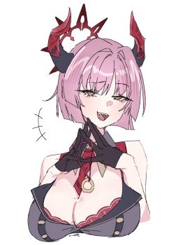 +++ alternate_hair_length alternate_hairstyle bare_shoulders black_gloves blue_archive breasts cleavage commentary_request eyelashes fangs gloves hair_intakes highres horns mole mole_on_breast o_ame_9 open_mouth own_hands_together pink_eyes pink_hair satsuki_(blue_archive) short_hair simple_background smile teeth white_background