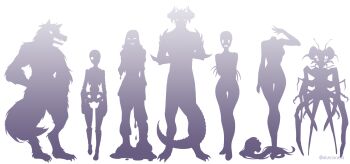 1boy 6+girls aken animal_ears antennae arthropod_girl automaton_(object) claws cz2128_delta disembodied_head doppelganger dragon dragon_horns dragon_tail dullahan entoma_vasilissa_zeta full_body furry furry_male ghost_in_the_shell horns looking_at_viewer lupusregina_beta monochrome monster monster_girl multiple_girls narberal_gamma overlord_(maruyama) purple_theme sebas_tian silhouette slime_girl smile solution_epsilon spoilers tail werewolf wolf_ears wolf_tail yuri_alpha