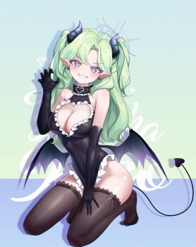 Rule 34 | 1girl, absurdres, black collar, black gloves, black horns, black leotard, black thighhighs, black wings, blush, breasts, charachan900, claw pose, cleavage, cleavage cutout, clothing cutout, collar, commentary request, curtained hair, demon girl, demon horns, demon tail, demon wings, earrings, elbow gloves, frilled leotard, frills, full body, gloves, green hair, grin, hand up, heart, heart cutout, heart earrings, highres, horns, jewelry, korean commentary, large breasts, leotard, long hair, looking at viewer, no shoes, pointy ears, purple eyes, shadow, smile, solo, squatting, stellive, tail, thighhighs, two-tone background, two side up, v-shaped eyebrows, virtual youtuber, wings, yuzuha riko