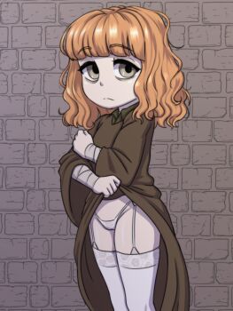 1girl absurdres bags_under_eyes bandaged_arm bandages brown_dress brown_eyes closed_mouth clothes_lift dress dress_lift expressionless eyelashes fear_&amp;_hunger feet_out_of_frame female_focus garter_straps hand_on_own_arm highleg highleg_panties highres indoors legs_together lifting_own_clothes lingerie loli long_sleeves looking_afar looking_at_viewer looking_to_the_side medium_hair orange_hair pale_skin panties presenting solo standing the_girl_(fear_&amp;_hunger) thighhighs underwear vermelhatan wavy_hair white_panties white_thighhighs wide_sleeves