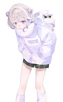 1girl achiki banpen_(todoroki_hajime) black_shorts blonde_hair commentary_request feet_out_of_frame grey_shirt hair_rings hairband hands_in_pockets highres hololive hololive_dev_is jacket kneehighs long_sleeves looking_at_viewer multicolored_hair pink_jacket pink_scarf purple_eyes purple_streaks scarf shirt short_hair short_shorts shorts simple_background socks solo standing streaked_hair todoroki_hajime virtual_youtuber white_background white_hairband white_socks wispy_bangs