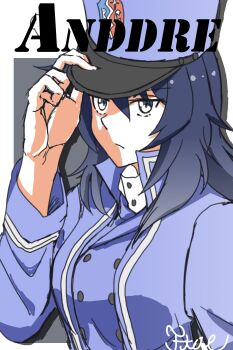 Rule 34 | 1girl, absurdres, adjusting clothes, adjusting headwear, andou (girls und panzer), bc freedom (emblem), bc freedom military uniform, black hair, blue hat, blue jacket, blue vest, breasts, brown eyes, dark-skinned female, dark skin, dress shirt, emblem, girls und panzer, hat, high collar, highres, jacket, kepi, large breasts, long hair, long sleeves, medium hair, messy hair, military, military hat, military uniform, shirt, signature, simple background, skirt, solo, two draw, versailles no bara, vest, white background, white shirt, white skirt