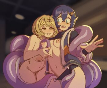 2girls belle_(zenless_zone_zero) black_shirt black_streaks blonde_hair blue_hair blue_jacket blurry blurry_background blush bottomless breasts clothes_lift commentary completely_nude crossed_bangs double-parted_bangs eye_contact grabbing_another's_breast green_eyes groping hair_between_eyes hair_ornament jacket klimspree letter_hair_ornament long_sleeves looking_at_another medium_breasts mole mole_under_mouth multicolored_hair multiple_girls navel nipples nude open_clothes open_hand open_jacket open_mouth purple_eyes ringed_eyes shirt shirt_lift short_hair small_sweatdrop smile streaked_hair swept_bangs symbol-only_commentary tentacle_girl tentacles yidhari_murphy yuri zenless_zone_zero