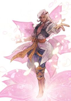 1boy asymmetrical_legwear bare_pectorals barefoot black_pants brown_eyes closed_mouth coat collarbone commentary_request dark-skinned_male dark_skin falling_petals flower full_body highres lifeweaver_(overwatch) long_hair long_sleeves lunaraven male_focus outstretched_arms outstretched_hand overwatch pants pectorals petals pink_flower pink_wings sash smile solo white_coat white_hair wings