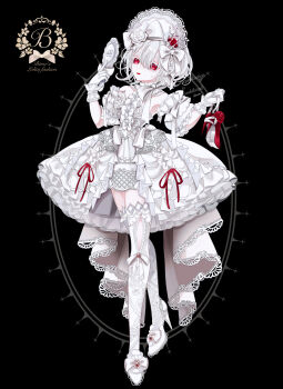 1girl absurdres bare_shoulders black_background bow bow_legwear bowtie center_frills colored_eyelashes commentary_request crossed_legs crown detached_collar detached_sleeves dress dress_bow flower footwear_bow frilled_dress frilled_wrist_cuffs frills full_body gloves hair_bow hair_ribbon high-low_dress high_heels highres holding holding_mirror holding_shoes holding_unworn_clothes lace lace_thighhighs lace_trim lolita_fashion mii_(ff96zgrckhox) mini_crown mirror original petticoat puffy_detached_sleeves puffy_sleeves red_bow red_eyes red_flower red_lips red_rose ribbon rose shoes short_hair simple_background sleeve_bow solo standing thighhighs too_many too_many_frills unworn_shoes watermark watson_cross white_bow white_bowtie white_dress white_flower white_gloves white_hair white_ribbon white_rose white_shoes white_theme white_thighhighs wrist_cuffs