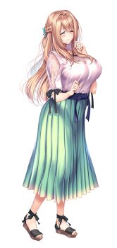 1girl amakano_2 barefoot black_bow blonde_hair blouse blush bow braid breasts closed_eyes closed_mouth facing_viewer full_body green_skirt hair_between_eyes hand_up huge_breasts large_variant_set long_hair long_skirt multicolored_shoes official_art piromizu pleated_skirt purple_eyes see-through_clothes see-through_sleeves shirt simple_background skirt smile solo standing tachi-e tsutamachi_chitose two-tone_shoes variant_set white_background white_shirt