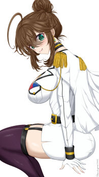 Rule 34 | 1girl, ahoge, black choker, blush, breast pocket, breasts, brown hair, chamumi (mochiumee), choker, epaulettes, female admiral (kancolle), fingerless gloves, folded ponytail, from side, garter belt, gloves, green eyes, hair bun, highres, jacket, kantai collection, large breasts, looking at viewer, military jacket, miniskirt, mole, mole under mouth, navel, open mouth, pencil skirt, pocket, simple background, sitting, skirt, smile, solo, tearing up, thighhighs, white background, white gloves, white jacket