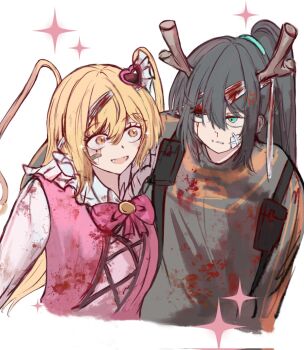 1boy 1girl anger_vein antlers aqua_eyes bandaid bandaid_on_face black_hair blonde_hair blood blood_on_clothes bow don_quixote_(project_moon) eyelashes high_ponytail highres hong_lu_(project_moon) horns limbus_company lobotomy_corporation_(identity)_(project_moon) long_hair looking_at_another magical_girl pink_bow ponytail project_moon r_corp._(identity)_(project_moon) reindeer_antlers reindeer_boy rugatu_to smile white_background wide-eyed