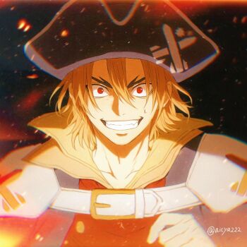 Rule 34 | 1boy, aicya222, armor, artist name, blue hat, brown hair, clenched teeth, collarbone, commentary request, crazy eyes, crazy smile, dr. stone, embers, fire, grin, hair between eyes, hat, looking at viewer, male focus, nanami ryuusui, nervous, nervous smile, nervous sweating, partially shaded face, pirate hat, red eyes, sanpaku, shoulder armor, smile, solo, sweat, sweatdrop, teeth, thick eyebrows, twitter username, upper body