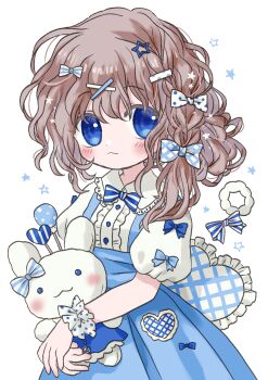 1girl :3 absurdres blue_bow blue_bowtie blue_eyes blue_skirt bow bowtie brown_hair chiko_(star_pocco) commentary_request fashion hair_bow hair_ornament hairclip heart highres holding holding_stuffed_toy looking_at_viewer messy_hair original ribbon shirt skirt smile solo star_(symbol) stuffed_animal stuffed_rabbit stuffed_toy suspender_skirt suspenders upper_body white_background white_shirt