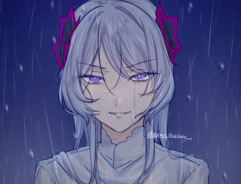 1girl derivative_work dress dungeon_ni_deai_wo_motomeru_no_wa_machigatteiru_darou_ka evil_grin evil_smile freya_(danmachi) grin hair_ornament highres long_hair mame_(00daihuku) night outdoors purple_eyes rain screenshot_redraw smile solo spoilers translated twitter_username wet white_dress white_hair